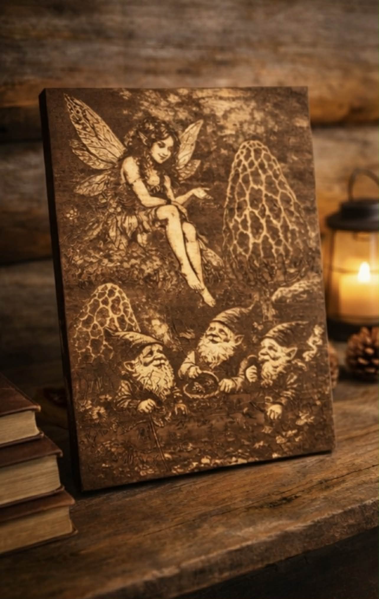 Enchanted Fairy, Morel Mushroom, & Gnome Wood Engraving